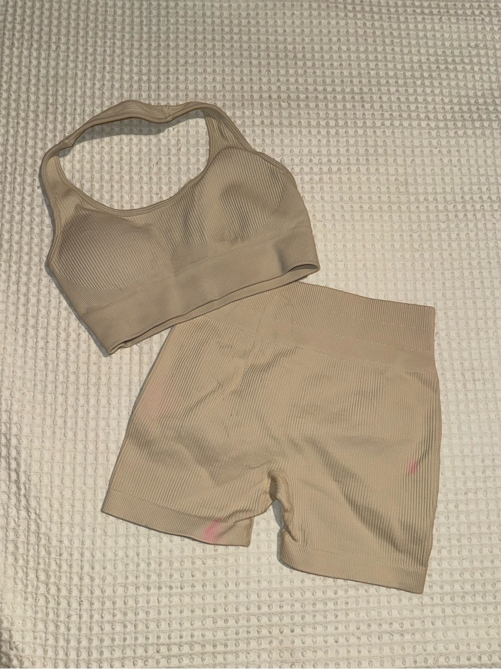 FREE W PURCHASE - Ribbed Beige Seamless Sports Bra & High-Waist Bike Shorts Set